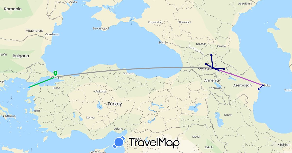 TravelMap itinerary: driving, bus, plane, train, boat in Azerbaijan, Georgia, Turkey (Asia)